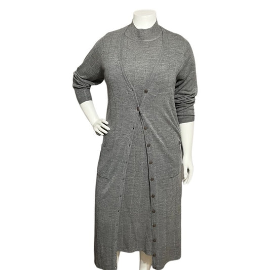 Roaman’s Gray Ribbed 2 Pc Knit Duster Cardigan & Dress Set Sz-Large