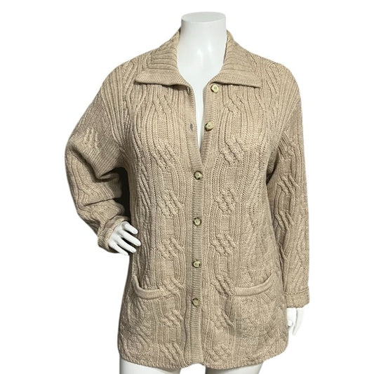 Talbots 100% Wool Tan Button Front Cable Knit Chunky Cardigan Sz-XL