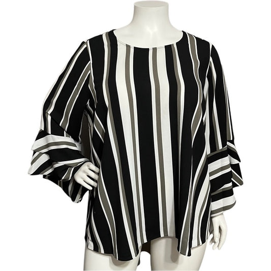 Alfani Stripe Blouse Black | Taupe Ruffle Sleeve Top Sz-3X