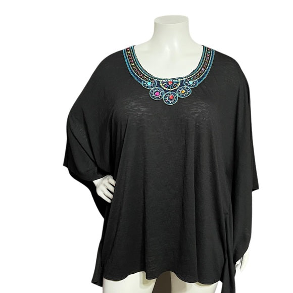 Slinky Brand Black Poncho Tunic With Beaded Collar Top Sz-1X