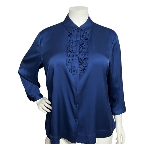 Talbots Blue Silk Ruffle Button Front Blouse Sz-18W