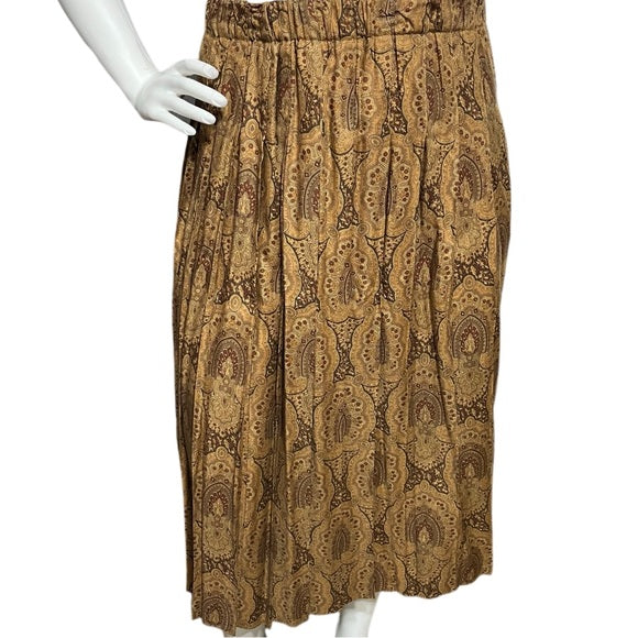 Cortland Collection Paisley Brown Tan Pleated Midi Skirt Sz-14