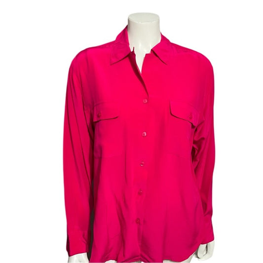 Vintage Sea Winds 100% Silk Fushia Hot Pink Long Sleeve Blouse Sz-10