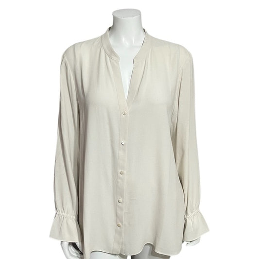 Eileen Fisher Ecru 100% Silk Button Front (FLAWED) Long Sleeve Blouse Sz-XL