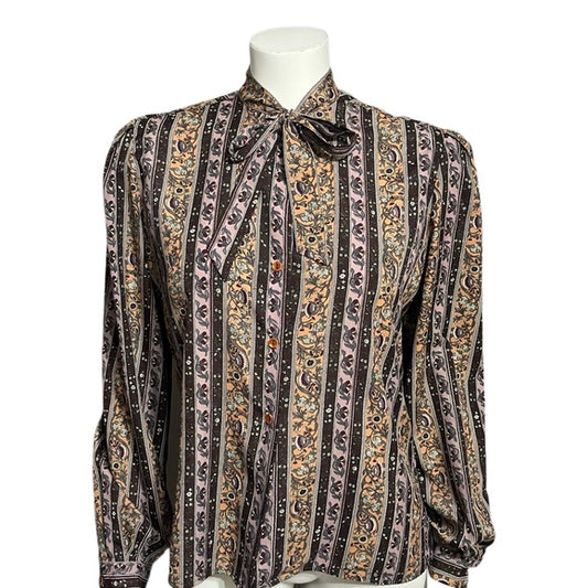 Vintage Anne Klein Floral Victorian Multicolored Tie Neck Blouse Sz-Large