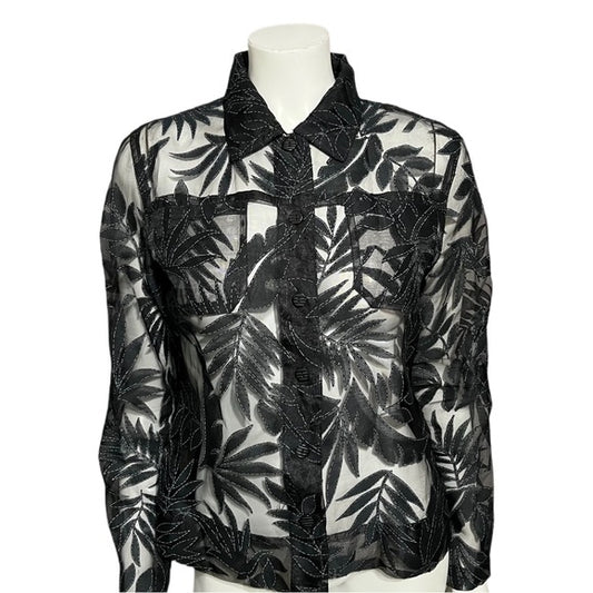 Black Mesh Leaf Print Lightweight Blazer Sz-Medium