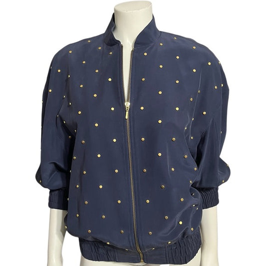 Vintage I.B. Diffusion Navy 100% Silk Gold Stud Bomber Jacket Sz-10