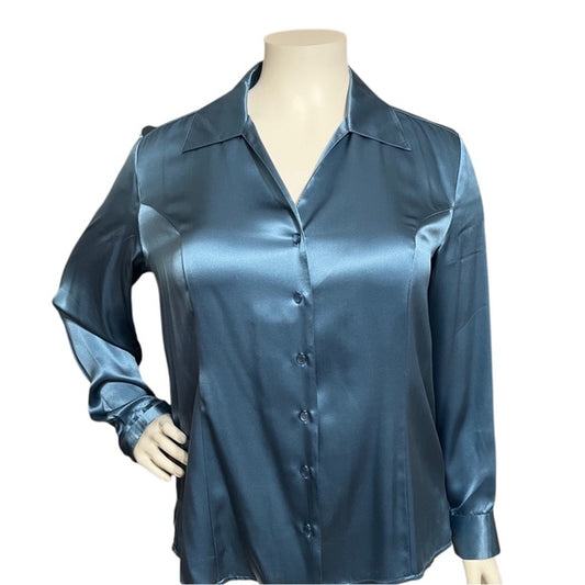 Allison Morgan 100% Silk Blue Jewel Tone Button Front Blouse Sz-1X