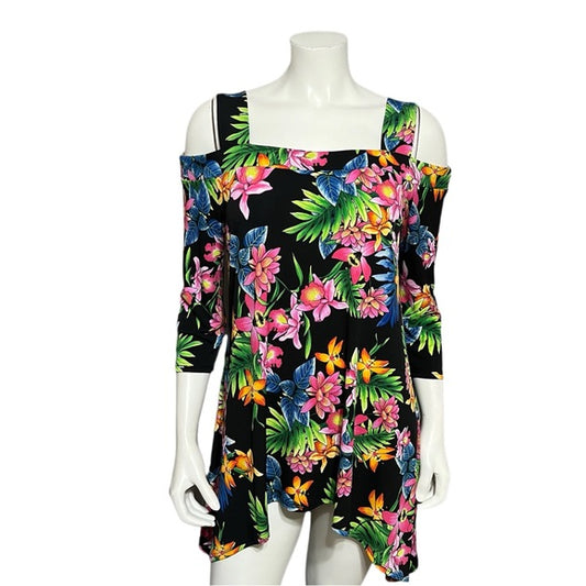 Cha Cha Vente Black With Hawaiian Floral Print Cold Shoulder Top Sz-Large