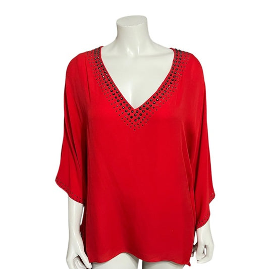 St. John Red Flowy With Studs 100% Silk Blouse Sz-Medium