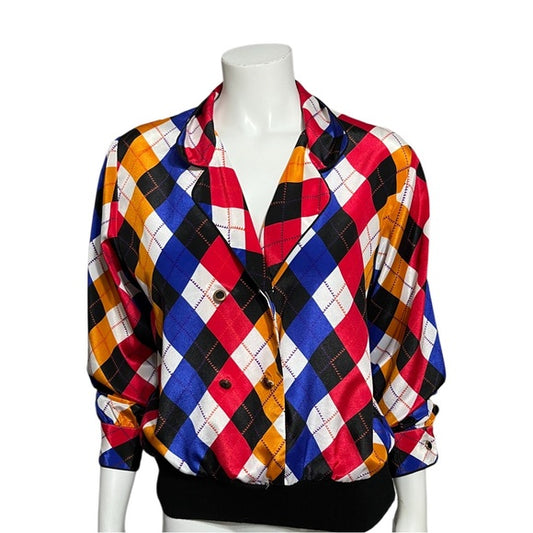 Notations Argyle Print Pullover Double Breasted Blouse Sz-Small