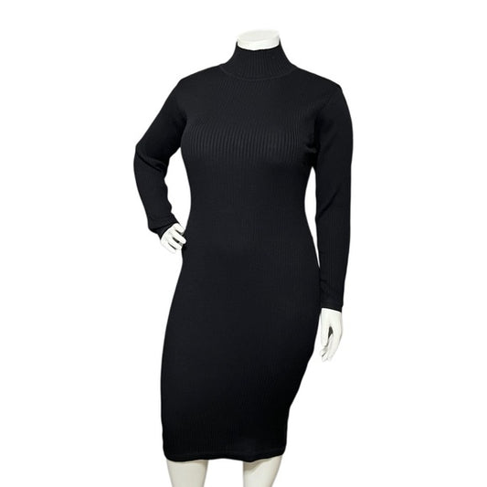 Adrianna Papell Black Ribbed Long Sleeve Sweater Midi Dress Sz-Large