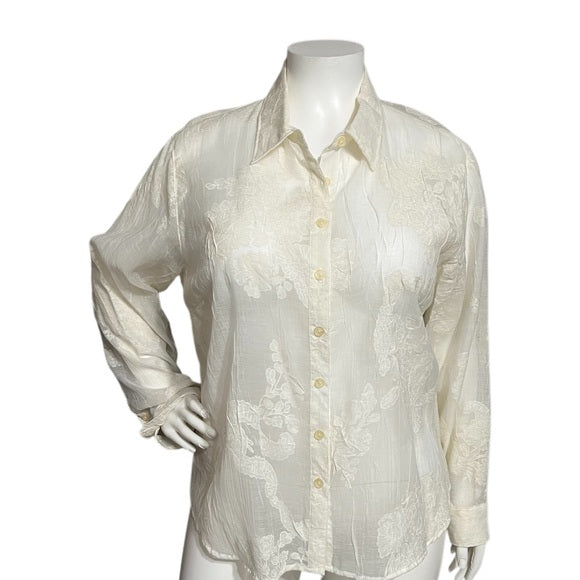 Outfit Woman Cream Sheer Lace Linen Blend Button Front Top Sz-2X