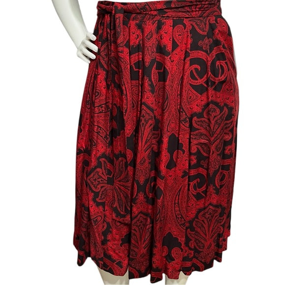 Geoffrey Alexander Red Paisley With Tie Rayon Pleated Midi Skirt Sz-16