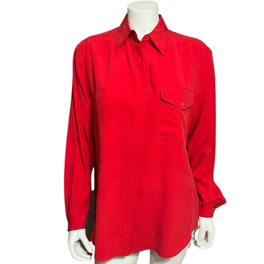 Vintage Corbin Collection 100% Silk Tomato Red Long Sleeve Blouse Sz-10