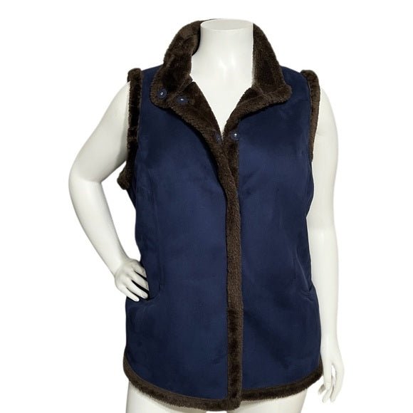 Denim & Co Blue & Brown Faux Fur Lined Vest Sz-1X