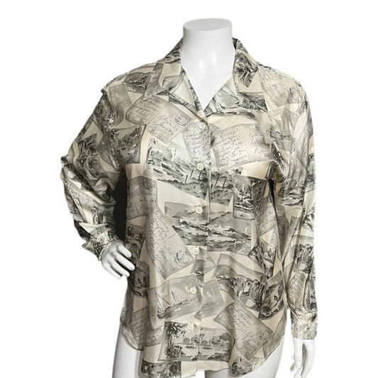 J.H. Collectibles Postcards Print Cream & Gray 100% Silk Blouse Sz-16W