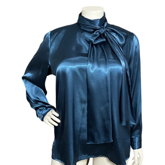 Liz Baker Teal Satin Tie Neck Long Sleeve Blouse Sz-20W