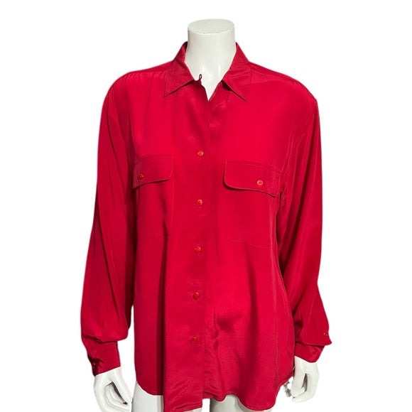 Vintage Sea Winds 100% Silk Red Long Sleeve Blouse Sz-12 (Flawed)