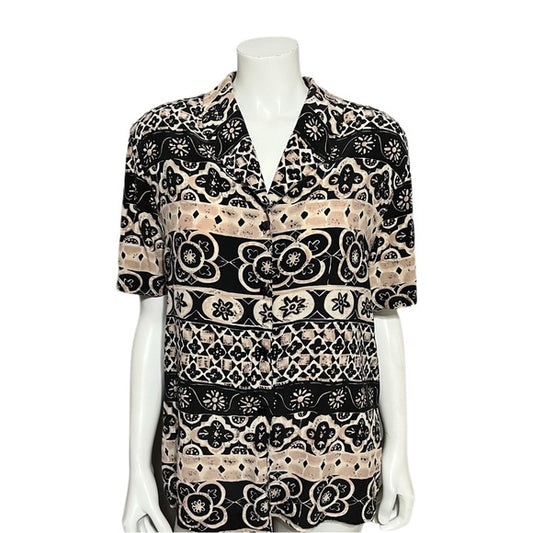 Nora Noh Black With Aztec Print 100% Silk Button Front Blouse Sz-Large