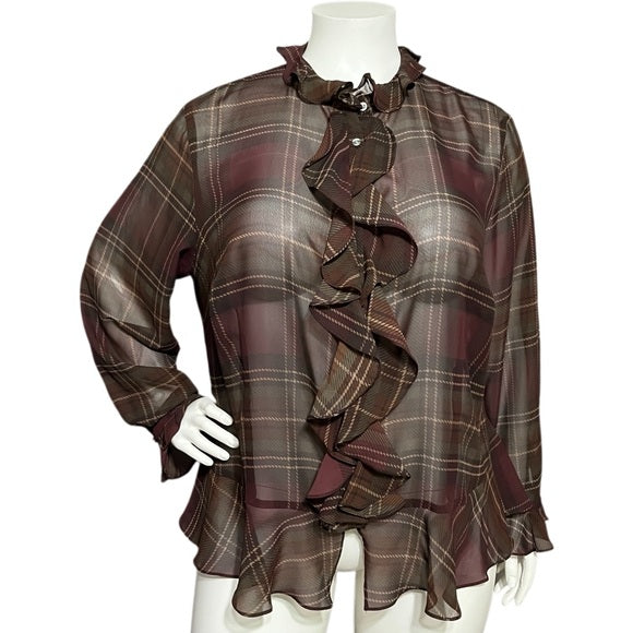 Chaps Burgundy Plaid Sheer Ruffle Blouse Sz-XL