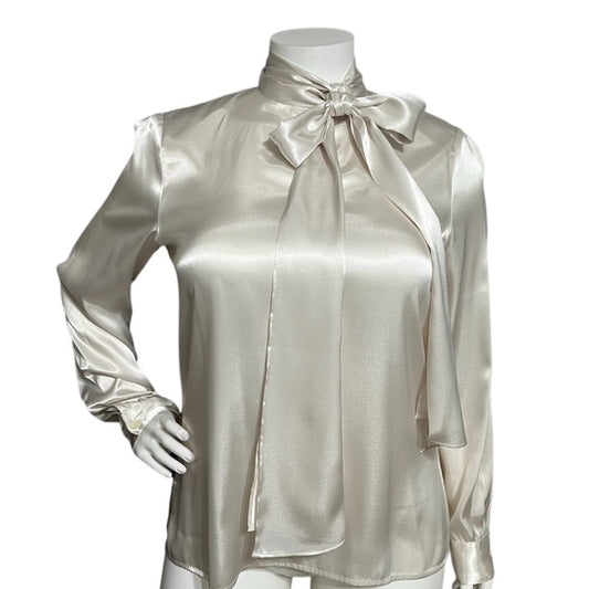 Liz Baker Ecru Bow Tie Neck Satin Long Sleeve Blouse Sz-18 Tall