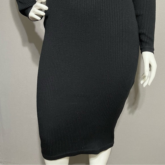 Adrianna Papell Black Ribbed Long Sleeve Sweater Midi Dress Sz-Large