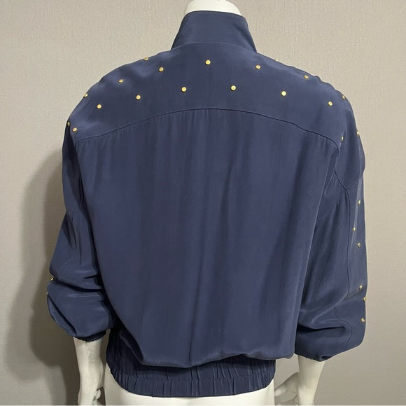 Vintage I.B. Diffusion Navy 100% Silk Gold Stud Bomber Jacket Sz-10