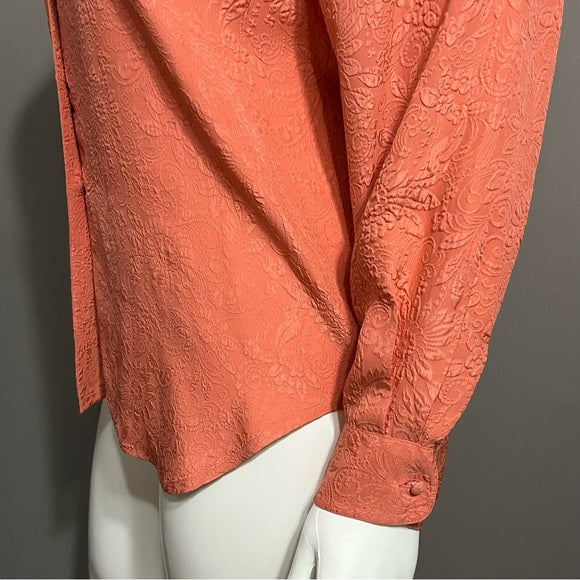 Silk Boutique 100% Silk Rust Pink Textured Floral Button Front Blouse Sz-Large