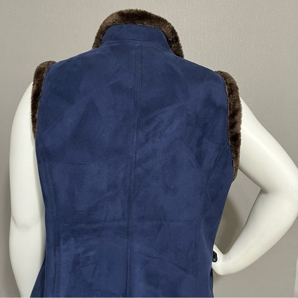 Denim & Co Blue & Brown Faux Fur Lined Vest Sz-1X