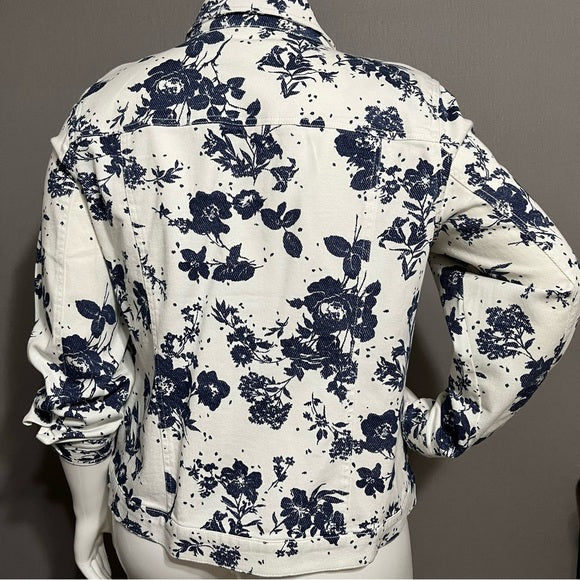 Denim & Company White Cotton Blue Floral Print Denim Jacket Sz-1X