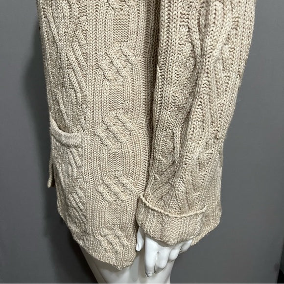 Talbots 100% Wool Tan Button Front Cable Knit Chunky Cardigan Sz-XL