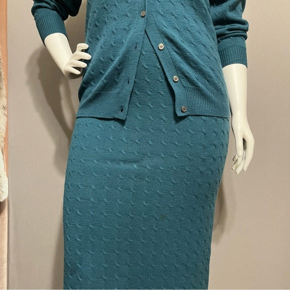 Lady Leighton Teal 100% Lambswool 2 Pc Skirt Set Sz-Medium/Large