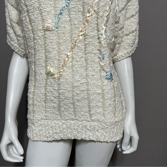 Vintage Rochelle Cream Textured Ribbon V-Neck Sweater Sz-Small