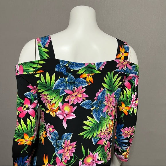 Cha Cha Vente Black With Hawaiian Floral Print Cold Shoulder Top Sz-Large