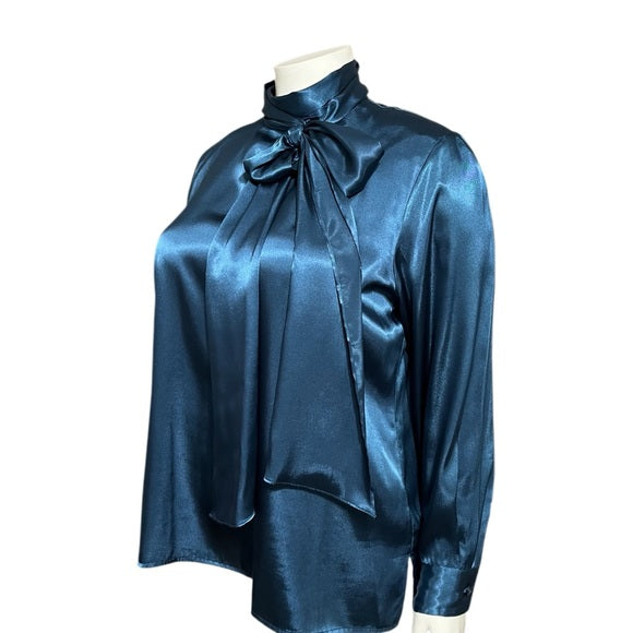 Liz Baker Teal Satin Tie Neck Long Sleeve Blouse Sz-20W