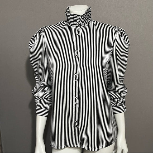 Vintage Blouseworks Black White Striped Pleated Collar Sz- Medium