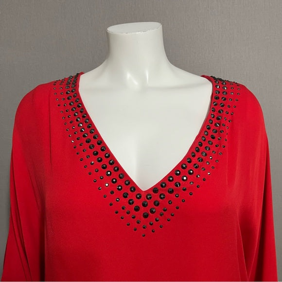 St. John Red Flowy With Studs 100% Silk Blouse Sz-Medium