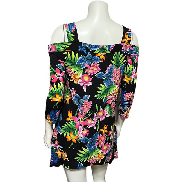 Cha Cha Vente Black With Hawaiian Floral Print Cold Shoulder Top Sz-Large