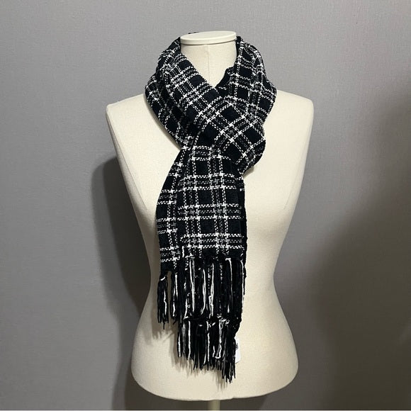 Black & White Plaid With Fringe Scarf One Size