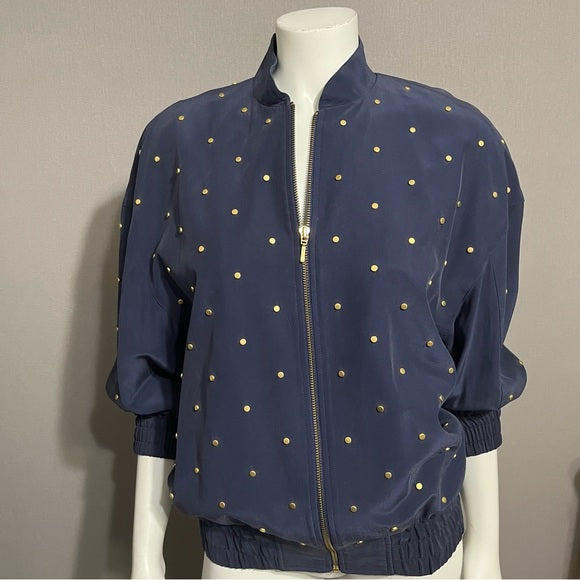 Vintage I.B. Diffusion Navy 100% Silk Gold Stud Bomber Jacket Sz-10