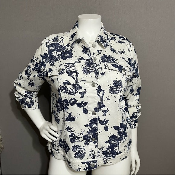 Denim & Company White Cotton Blue Floral Print Denim Jacket Sz-1X