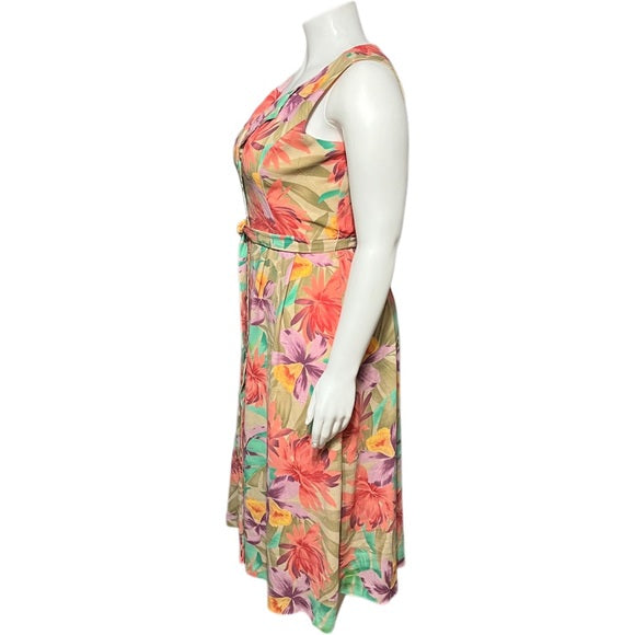 Coldwater Creek Floral Sleeveless Tie Waist Button Front Dress Sz-16P