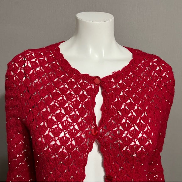 Red Crochet White Pearl Cardigan Sweater Sz-Xtra Small/Small