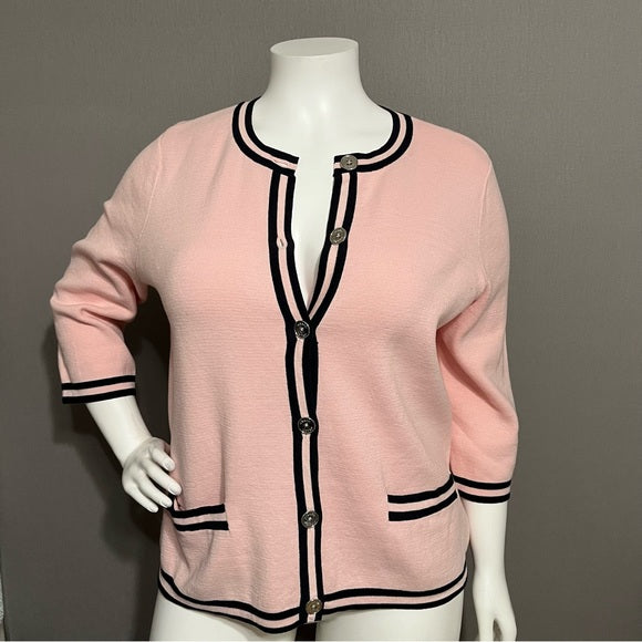 Chaps Pink & Navy 100% Cotton Preppy Button Front Cardigan Sz-2X