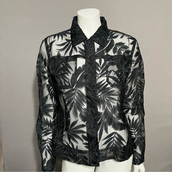 Black Mesh Leaf Print Lightweight Blazer Sz-Medium