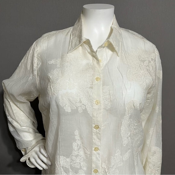 Outfit Woman Cream Sheer Lace Linen Blend Button Front Top Sz-2X