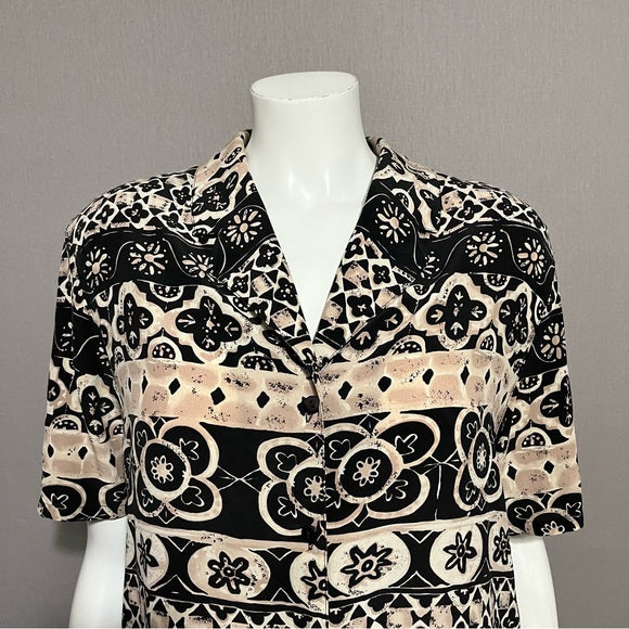 Nora Noh Black With Aztec Print 100% Silk Button Front Blouse Sz-Large