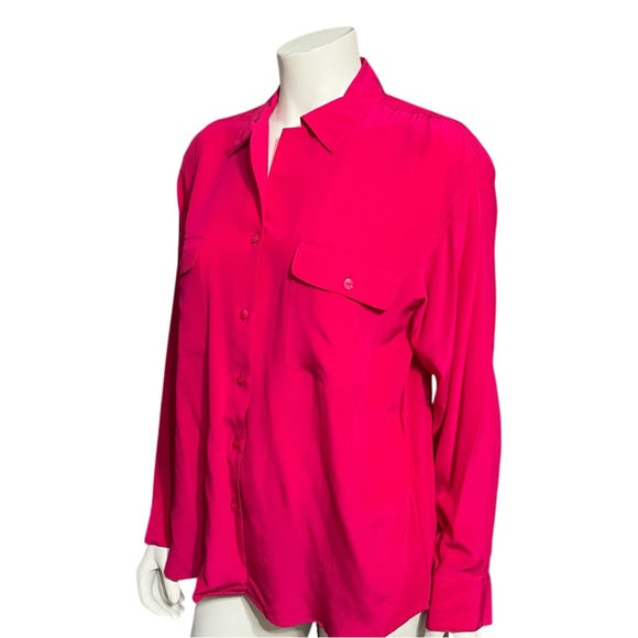 Vintage Sea Winds 100% Silk Fushia Hot Pink Long Sleeve Blouse Sz-10