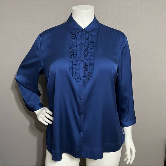 Talbots Blue Silk Ruffle Button Front Blouse Sz-18W